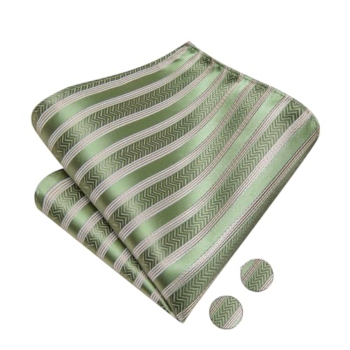 Image of Hi-Tie Sage Green Pre-Tied Bowties for Men Silk Clip On Stripe Mens Bowtie Pocket Square Cufflinks Set for Wedding Party