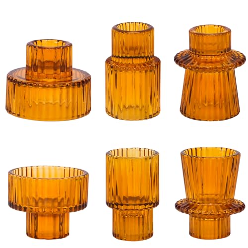 HAIJSEVR Glass Candlestick Holders Set of 6, Double-ended Tealight Taper Candle Holder for Pillar Candles, Dinner Table Centerpieces Fireplace Mantel Wedding Modern Home Room Decor
