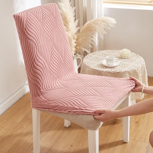 Image of HOMETHREADS Elastic Jacquard Chair Cover - Stretchable, Removable & Washable Short Dining Chair Slipcover | Durable Seat Protector for Kitchen, Dining Room & Banquet Chairs (Pink, Pack of 8)