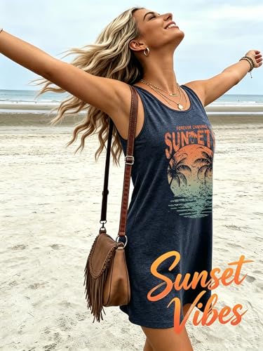Image of Summer Tank Dress for Women Sunset Palm Tree Beach Vacation Cover Up