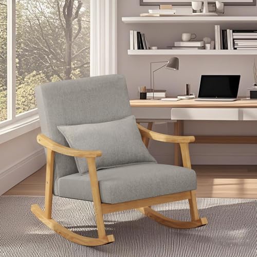 POWERSTONE Nursery Rocking Chair Upholstered Glider Rocker with PP Pillow & Rubber Wood Frame Modern Single Rocking Armchair for Bedroom, Living Room, Balcony, Offices, Nursery Grey