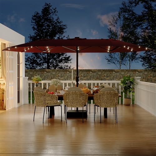 15FT Rectangular Patio Umbrella with Solar Lights & Base Included - Large Patio Umbrella with Crank Handle, UV Protection for Outdoor Market, Backyard, Pool - Burgundy
