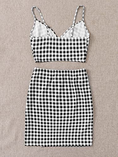 Verdusa Women's 2 Piece Outfit Plaid Print Crop Cami Top And Split Short Skirt Set Black And White L #TOP1