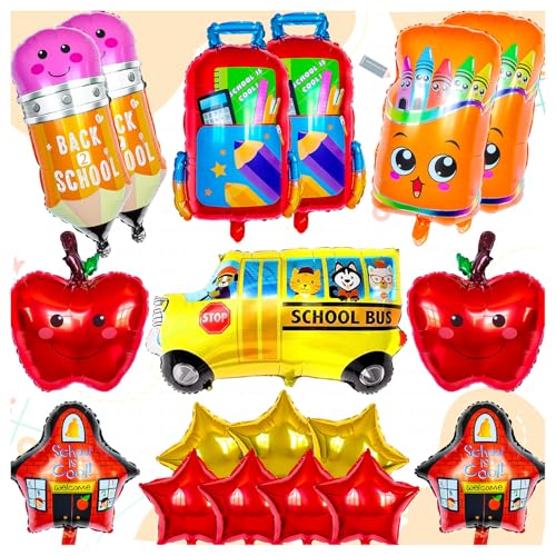 20 Pcs Back to School Balloons Colorful School Bus Balloons Pencil Apple Crayon Foil Mylar Balloon for Party Decorations Supplies