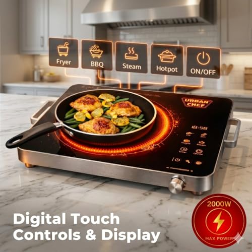 Image of Urban Chef Infrared Cooktop, 2000W Portable Electric Stove, Touch Panel, Fast Heating, Silver and Black, for Home and Travel