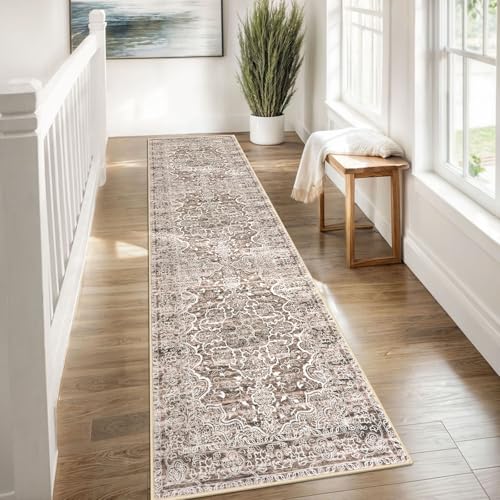 KUTA Vintage Washable Runner Rug, 2x8 Brown Runners for Hallways Non-Slip Kitchen Rugs Ultra Soft Printed Distressed Floral Medallion Carpet for Bedroom Living Room Nursery Playroom