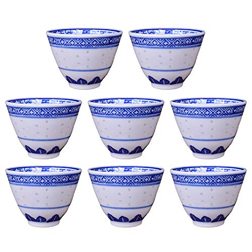 Woonsoon Chinesische handgefertigte Kungfu Teetasse 70 ml, Set mit 8 blauen und weißen Teetassen aus Knochenporzellan, Keramik ohne Griffe, bestes Geschenk Cover