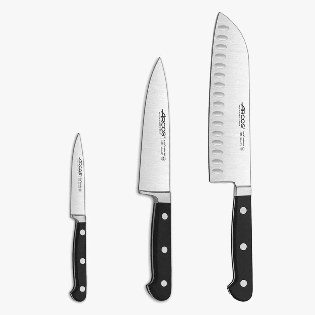 Arcos Serie Clasica - Set de Cuchillos de Cocina 3 piezas (Mondador + Cocina + Santoku) - Hoja de Acero Inoxidable Forjado NITRUM - Mango de Polioximetileno (POM) Color Negro