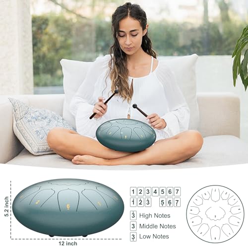 Image of D Major Steel Tongue Drum Handpan, 12 Inch 13 Note Rain Drum for Garden Outside, Meditation Rain Chime, Musical Percussion Instrument for Adult Gift with Bag, Music Book, Drum Mallets (Moss Blue)