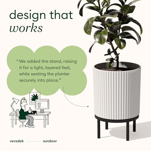 Image of Veradek Demi Series Raised Planter - Round Planter with Stand | Made From a Durable Plastic-Stone Composite & Comes With Wooden Stand. Modern Porch /Patio Decor