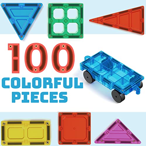 Magnet Build 100-Piece Extra Strong Magnetic Tiles Set - Magnets For Kids, 3D Tile Assorted Shapes & Colors, Stem Learning Toys For Ages 3+, Ideal Gift For Creative & Educational Play, Building Blocks #TOP1