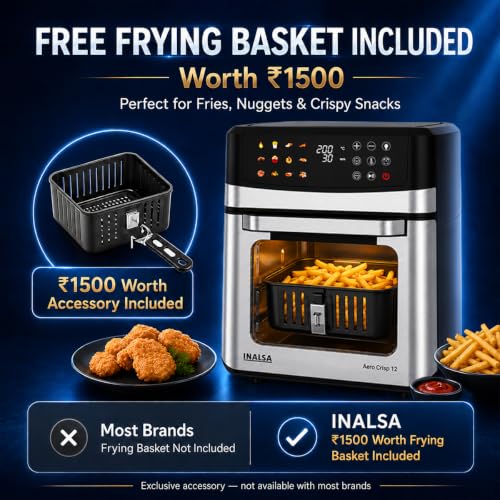 Image of INALSA Air Fryer Oven|12L,1700W|Stainless Steel Body|12-in-1 Functions,Fry,Bake,Grill,Dehydrate&Reheat|12 Preset|Rotisserie&Convection|Dishwasher Safe Accessories|2Yr Warranty,2025Model AeroCrisp 12