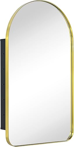 Botiquín de baño empotrado en arco dorado cepillado con espejo de acero inoxidable con marco de metal rectangular con espejo de 16 x 28.3 pulgadas