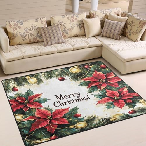 ALAZA Poinsettias Merry Christmas Ball Non Slip Area Rug 4' x 5'3" for Living Dinning Room Bedroom Kitchen Hallway Office Modern Home Decorative