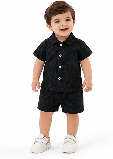 littlemama Baby Boy White Textured Short Sleeve Shirt and Shorts Set, 2-Piece Outfit
