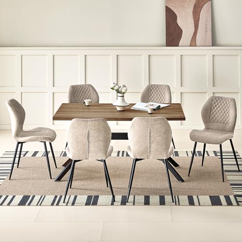 JIJIAN Essgruppen mit Dunkelbraun Holz Esstisch und 6 Brauner Stühle, Rechteckiger Esstisch in 140 x 80 x 76 cm mit 6 Ergonomischer Design Leinen Esszimmerstühle, für Esszimmer, Küche, Wohnzimmer