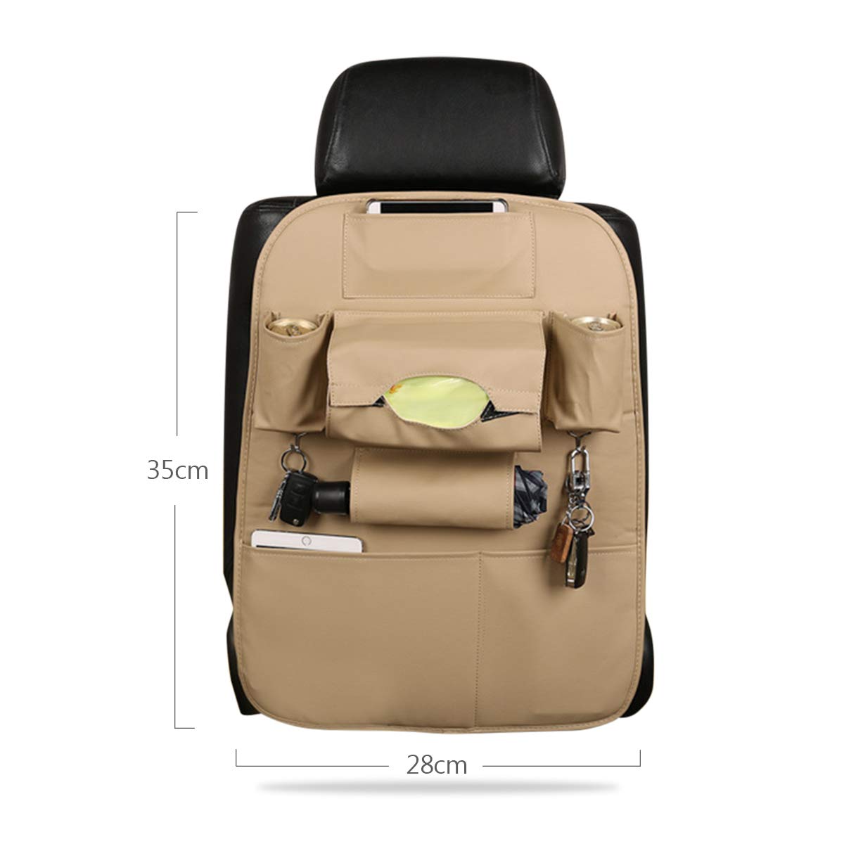 Ergocar 2 Packs PU Leather Car Organisers, Back Seat Protector Cover，Storage Bag Kick Mat Car Back Seat Organiser with 10" iPad/Tablet Holder and Multi Pockets Including Tissue Box - Brown