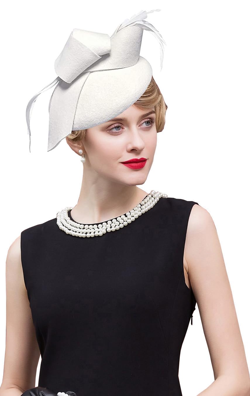 RZTA Women's Vintage 100% Wool Felt Cloche Bucket Bowler Hat Winter Vintage Bow Fedoras Church Fascinator Hat, 01-White, One Size