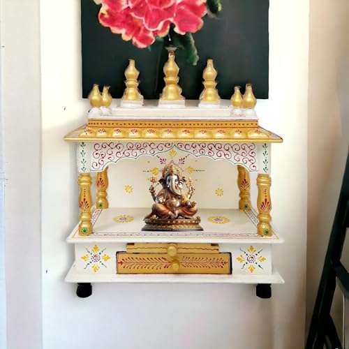 Image of Hindu Hand Crafted Wooden Puja Mandir with Drawer Religious Home Decor Wood Art and Craft Temple for Home /Office