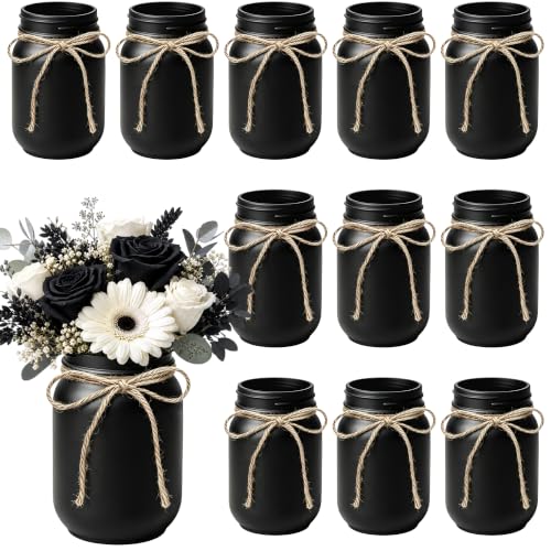 LEYIQU 12Pcs Black Mason Jar Glass Flower Vases for Centerpieces Halloween