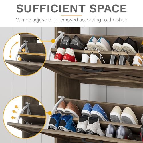 DWVO Farmhouse Shoe Storage Cabinet with 2 Flip Drawers for 16 Pairs, Entryway Shoe Storage with Shoe Bench, Narrow Slim Shoe Cabinet for Entryway, Living Room, Hallway (Washed Grey)