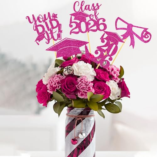 Image of Graduation Centerpiece Sticks 24PCS Glitter Grad Picks Party Table Decor Senior High School College Sign HotPink