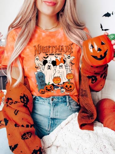 Magical Halloween Shirts for Women Funny Nightmare On Main Street Graphic Tees Spooky Season Casual Short Sleeve Fall Tops Tie Dye Orange — view 4