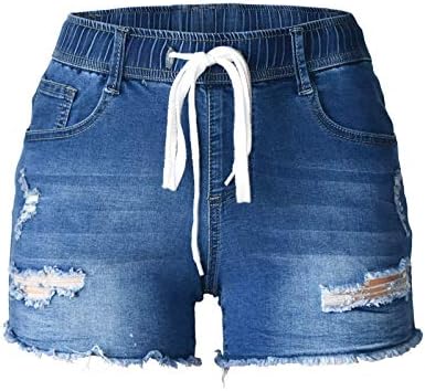 Atditama Women's Elastic Drawstring Waist Skinny Stretch Slim Mid-Waist 3" Inseam Ripped Distressed Ultra Short Jeans Blue US 6-8