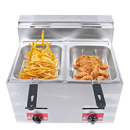 12L Dual Tanks Commercial LPG Gas Deep Fryer w/ 2 Fry Baskets High Capacity Countertop Kitchen Stainless Steel Frying Machine for French Fry Restaurants Supermarkets Fast Food Stands (Type B)