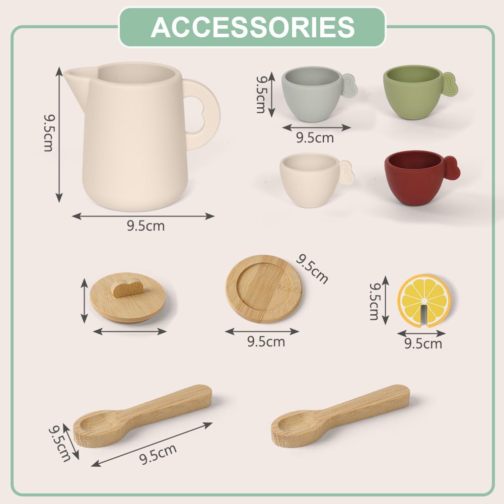 HOTUT Wooden Afternoon Tea Set for Toddlerr,Children Tea Party Set including Cup base and Cups,Dishwasher Safe Tea Set for Toddler,Wooden Tea Set for Toddler,Silicone Tea Party Set for Girls Boys Gifts - Image 2