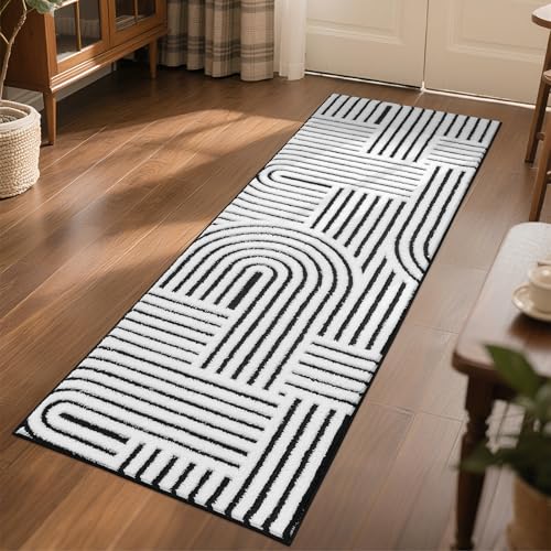 SHACOS Soft Cozy Fluffy Arch Pattern High Low Pile Runner Rugs 2'x6' Non Slip Washable Rug Runners Modern Geometric Arc Carpet for Bedroom Bathroom Hallway, Black White