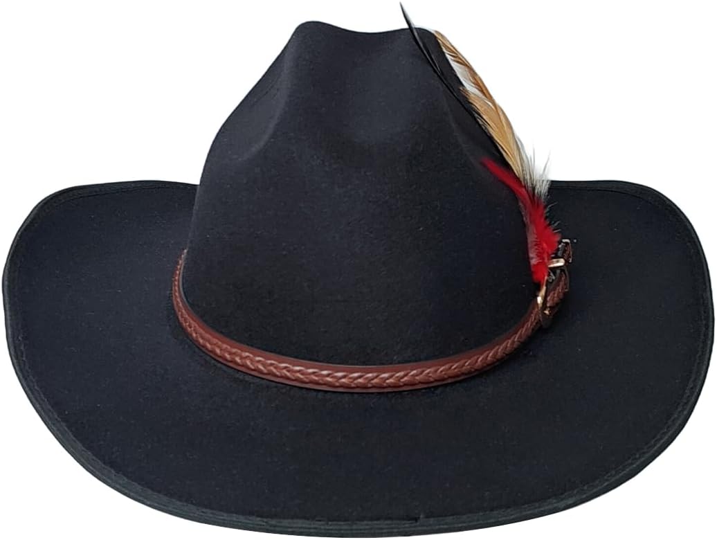 Western Cowboy Cap for Men Women, Woolen Wide Brim Cowgirl Cap Belt Buckle Fedora Hat with Feather