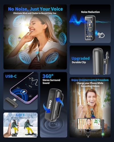 Image of GRENARO J13 Wireless Mic for YouTube, 3-Level Adjustable MicNoise Reduction Lapel Mic with Charging Case, Wireless Mic for Video Recording, YouTube, Facebook, Video Production (Double)