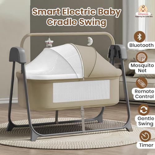 Image of Infantso Premium Electric Baby Cradle Swing - Bluetooth & Remote Control Palna Jhula with Custom Swing Time, Adjustable 5-Speeds, Automatic Swing Cradle for 0-12 Months, Soft Mattress