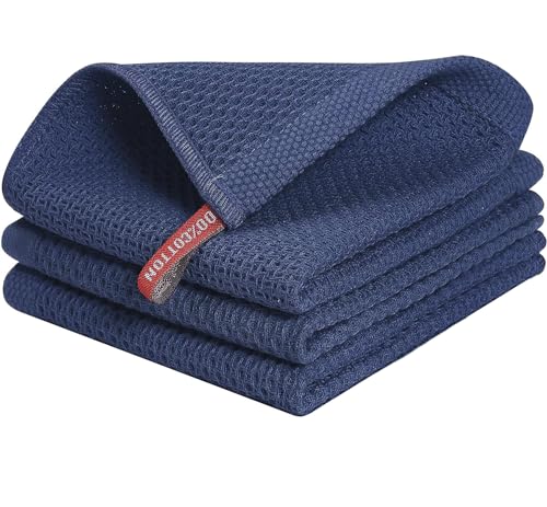 Image of 100% Cotton Kitchen Dish Cloths, 6 Pack Waffle Weave Ultra Soft Absorbent Dish Towels for Drying Dishes Quick Drying Kitchen Towels Dish Rags, 13.4 X 13.4 Inches (Dark Blue, Pack of 3)