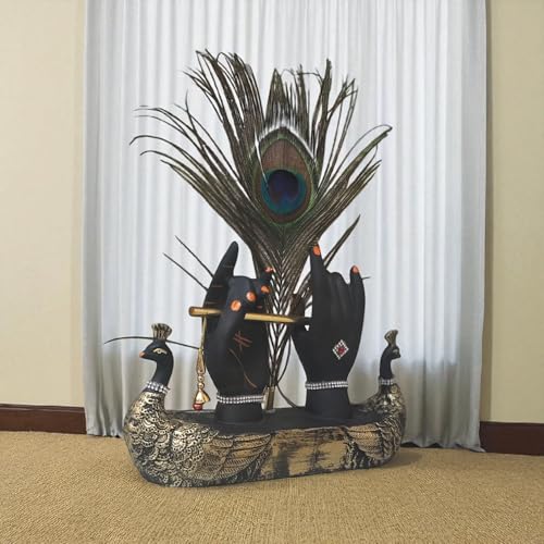 Image of Krishna Hand with Flute & Peacock Feather Idol for Home Decor Gift, Office & Living Room, Peacock Showpiece with Flute, Lord Laddo Gopal Figurine Murlidhar, Kanhaiya, Makhan Chor, Diwali Decoration