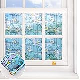 VEELIKE Privacy Window Film Floral Frosted Window Vinyl Stained Glass Window Film Static Cling Window Sticker Decorative Non-Adhesive Sun Blocking Heat Insulation for Home 15.7x354 Inches, Matte Blue