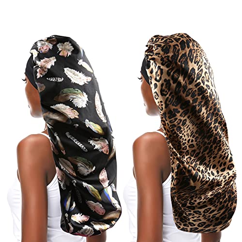 greatremy Braids Hair Long Bonnet Silky Satin for Women Dreadlocks Locs Curly Long Hair Sleeping Black Breathable Sleep Cap 2PCS
