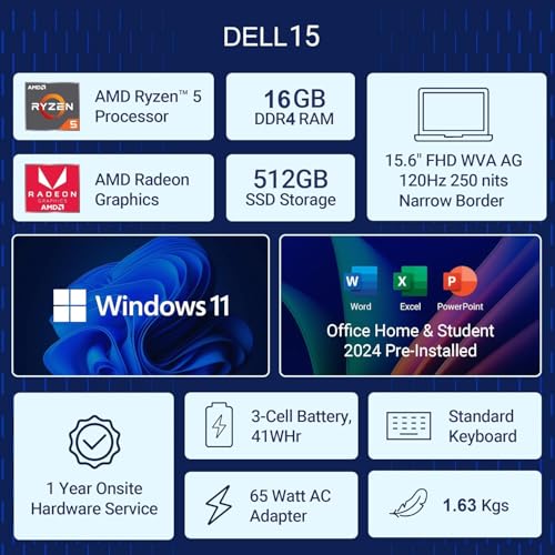 Image of Dell 15, AMD Ryzen 5-7530U, 16GB RAM, 512GB SSD, FHD IPS, 15.6 inch /39.62cm, Windows 11, MSO 2024, Platinum Silver, 1.67kg, [Dell 15], 120Hz, Standard Keyboard, 15 Month McAfee, Thin & Light, Laptop
