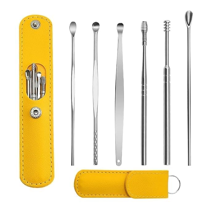 6 Pieces Stainless Steel Earwax Removal Kit with Leather Pouch | Innovative Spring Spoon & Spiral Ear Pick Cleaner Set | Reusable Ear Wax Cleaner Curette Tools | Multicolor-picture-27