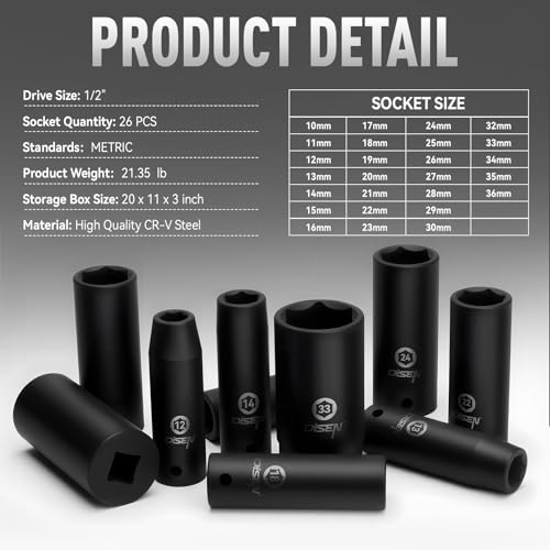 DISEN 26 Pcs Metric 1/2" Impact Socket Set, Deep Sockets Set Impact, 6-Point,Cr-V,Rugged Construction 1/2 Inches Drive Socket 10mm - 36mm, with a Storage Cage