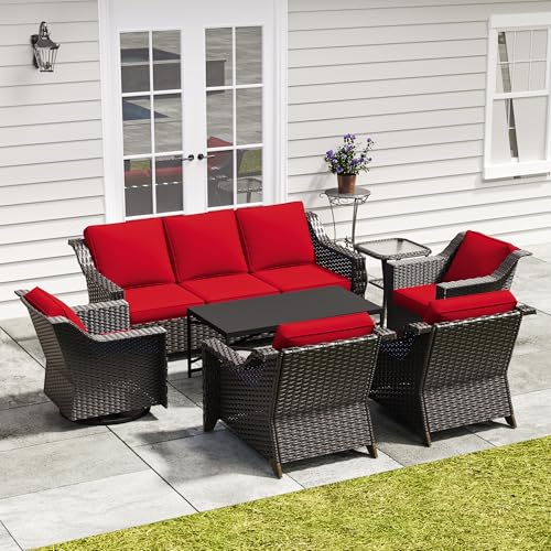 Image of 7 Pieces Outdoor Conversation Furniture Set - 77 inch Patio Sofa, 2 Armchairs, 2 Swivel Glider Chairs, 1 Side Table, 1 Metal Table, Patio Wicker Couch with Washable Cushions for Porch (Red) | Patio Chair Set with Olefin Removable Cushion, All-Weather Outdoor Couch with Deep Seat for Porch, Deck and Backyard, Red