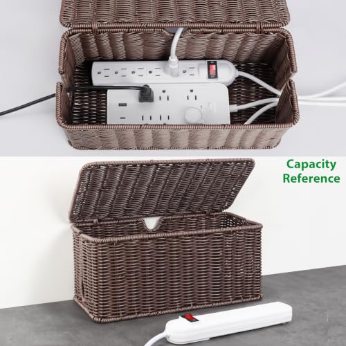 Image of ZhiYo Rattan Cable Management Box, Dark Brown, 13.5 inch x 6.2 inch x 6 inch | Handwoven cord organizer conceals power strips and cables for a cleaner home or office setup, cord hider design