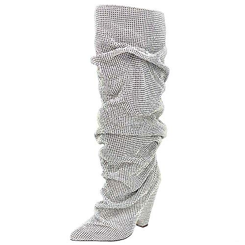 THESHY Women's Closed Pointed Toe Fashion Rhinestones Boots Over Knee High Boots