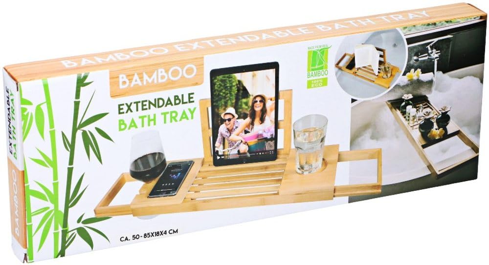 Alpina Bandeja Bañera Ajustable - Estanterias Baño 50-92 x 18 x 4 cm - Bandeja Bambú con Soporte para Libros y Soporte para Tableta - Incl. Soportes para Vasos - Mueble Baño
