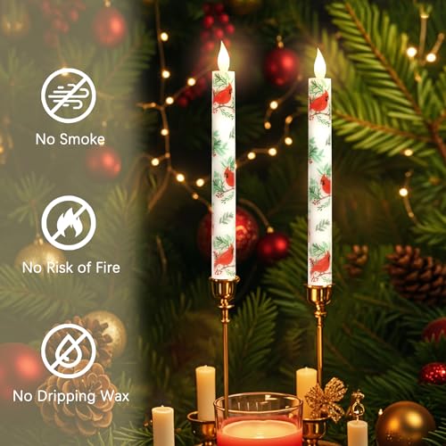 Image of Crystal Club Flameless Taper Candles,Battery Operated LED Candlesticks with Remote, Cardinal Theme Real Wax & Flicker Effect for Christmas Home Festival Decor, Set of 2