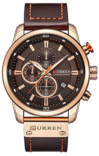 Montre à quartz pour homme chronographe étanche 30m bracelet cuir marron