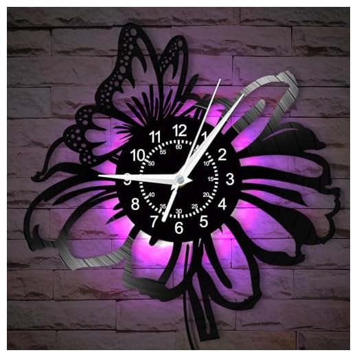 Flowers with a Butterfly Wall Clock, 7 Colors Luminous 12 Inch Night Light Wall Lamp Clock, Silent Quartz Non Ticking Modern Decorative Vinyl Record Wall Clock for Girls Room Garden Park Gift