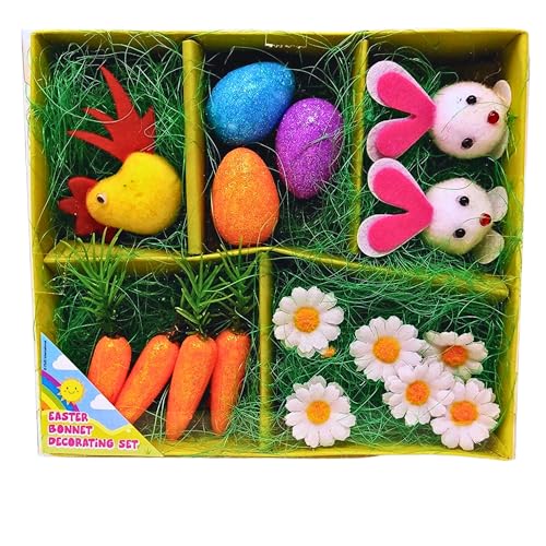 AKEDE easter bonnet decorations - Easter bonnet accessories chicks and bunnies Glitter Eggs Daisy Grass Carrots - 17 Piece Kids for Make Your Own hat Crafts