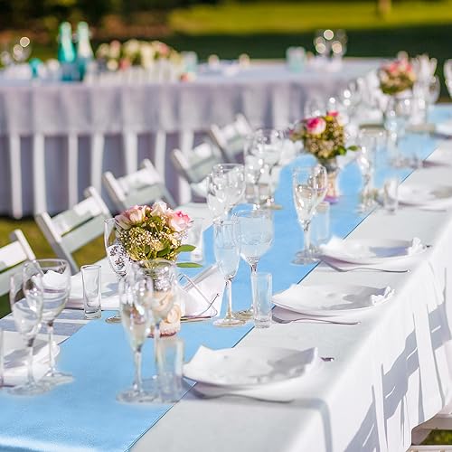 Tudomro 12 Pcs White and Blue Plastic Tablecloths and Satin Table Runner by Tudomro - Used condition - Image 6